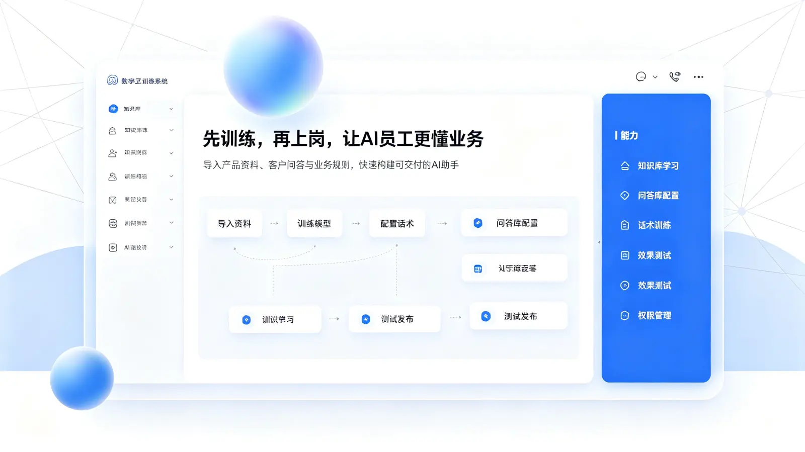 微信数字员工 AI 替身训练界面：知识库学习、问答库配置、话术训练、效果测试